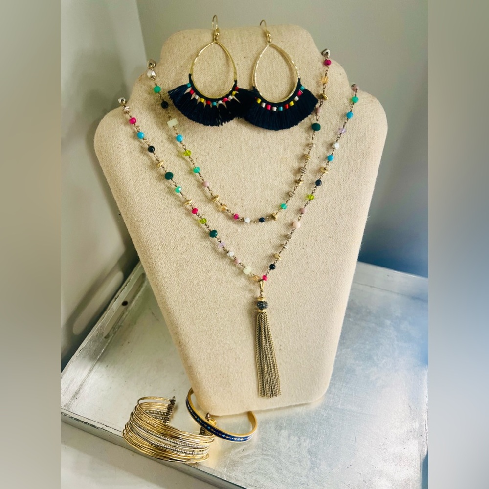 Stella & Dot Vintage Blue/Gold Necklace/Earrings/Bracelet Lot